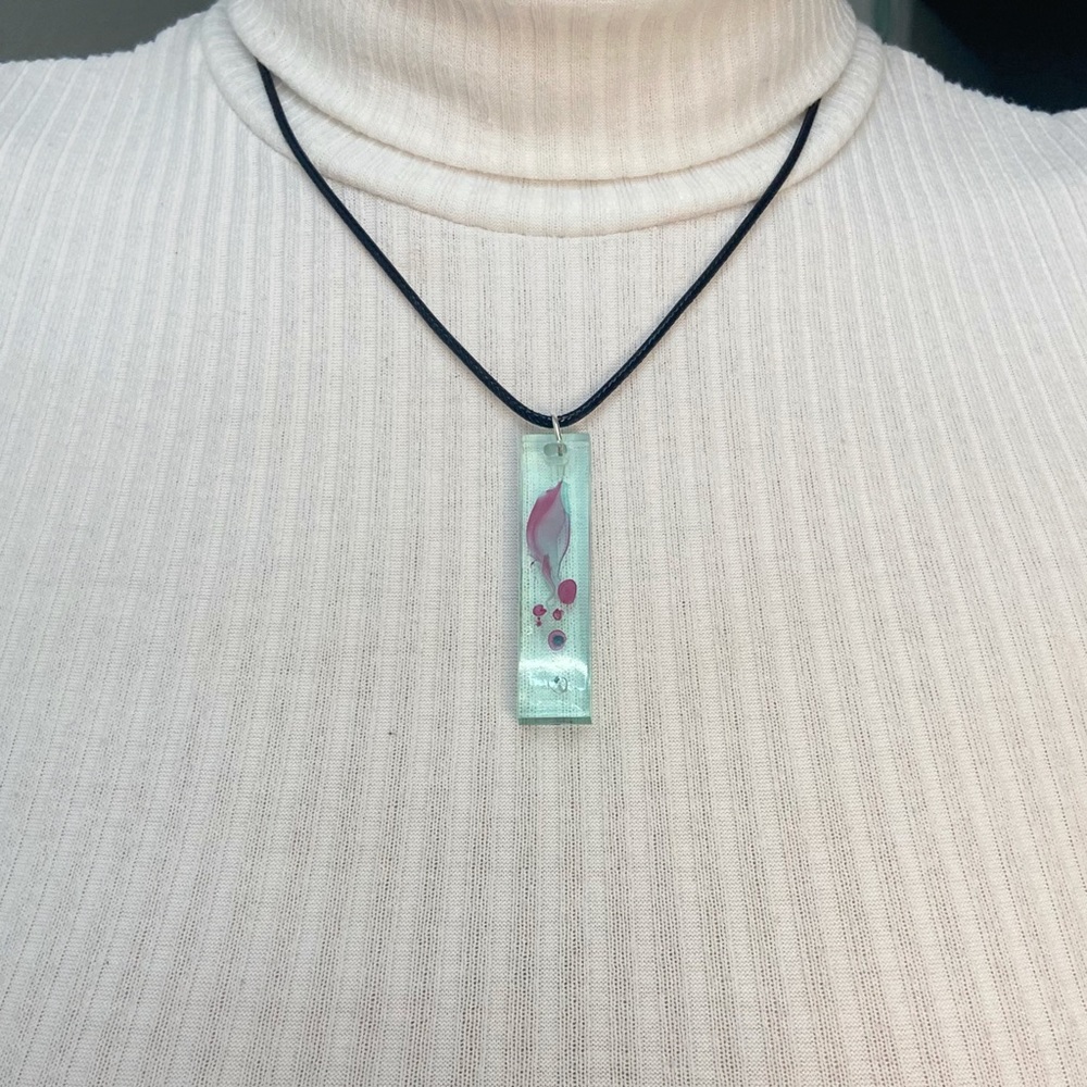 Aqua Water Marble Resin Long Rectangular Pendant Necklace